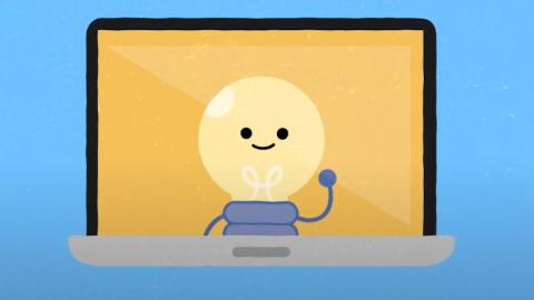 Prevey our animated light bulb character waving from laptop screen